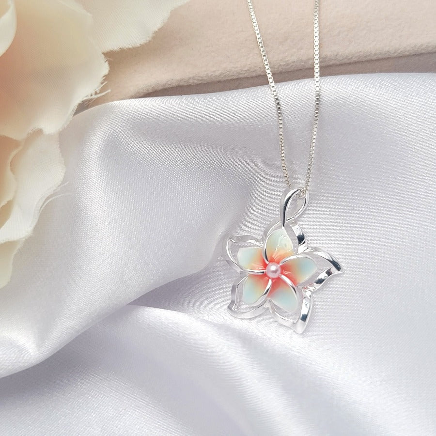 Hawaiian Flower Plumeria Necklace Pendant For Women .925 Sterling Silver