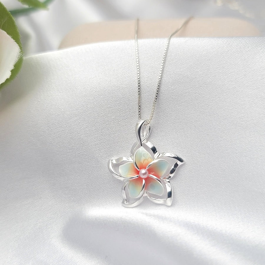 Hawaiian Flower Plumeria Necklace Pendant For Women .925 Sterling Silver