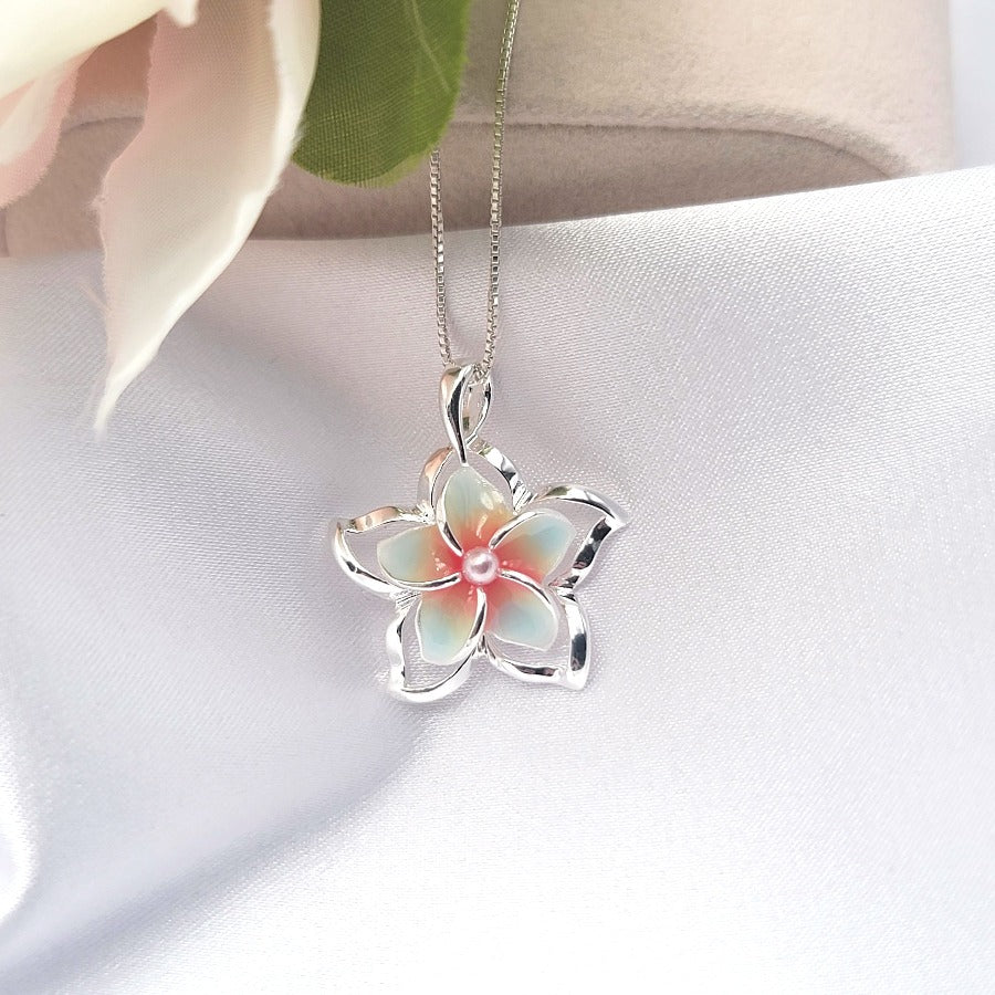 Hawaiian Flower Plumeria Necklace Pendant For Women .925 Sterling Silver