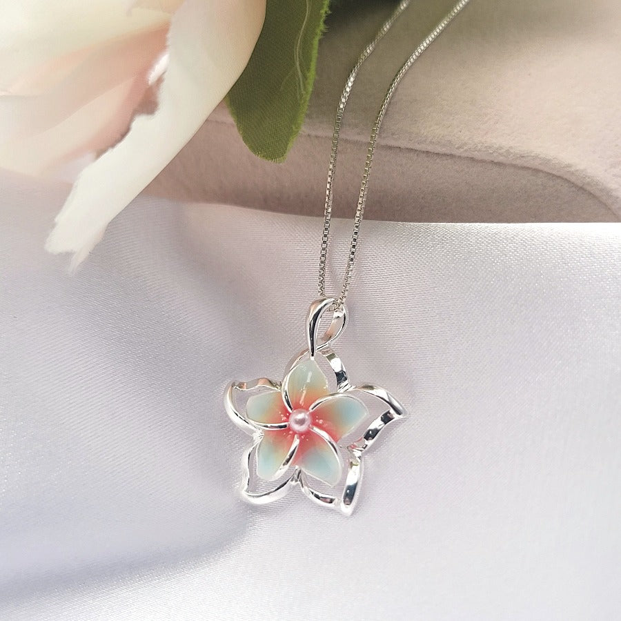 Hawaiian Flower Plumeria Necklace Pendant For Women .925 Sterling Silver