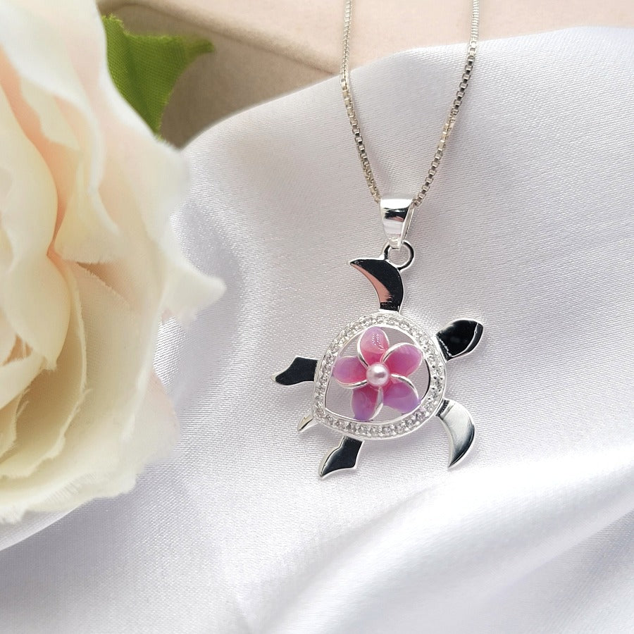 Sterling Silver Sea Turtle Plumeria Necklace