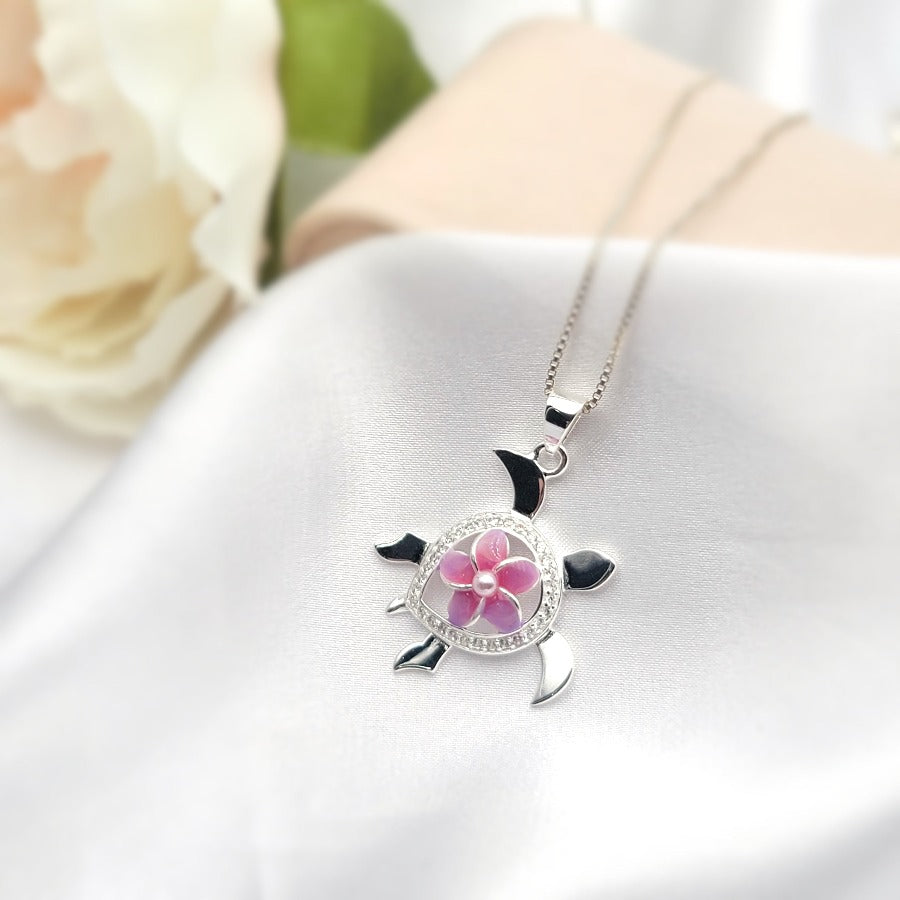 Sterling Silver Sea Turtle Plumeria Necklace