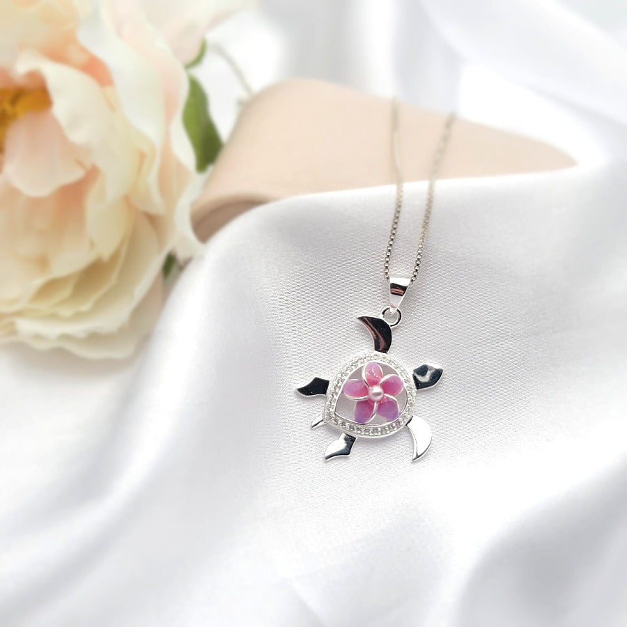 Sterling Silver Sea Turtle Plumeria Necklace