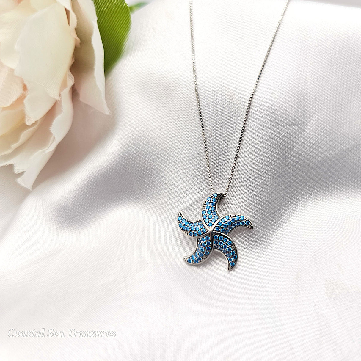 925 sterling silver CZ starfish necklace
