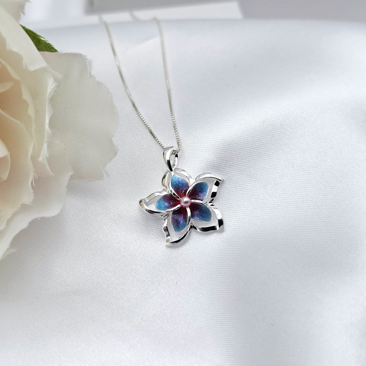 Sterling Silver Blue/Purple Plumeria Necklace