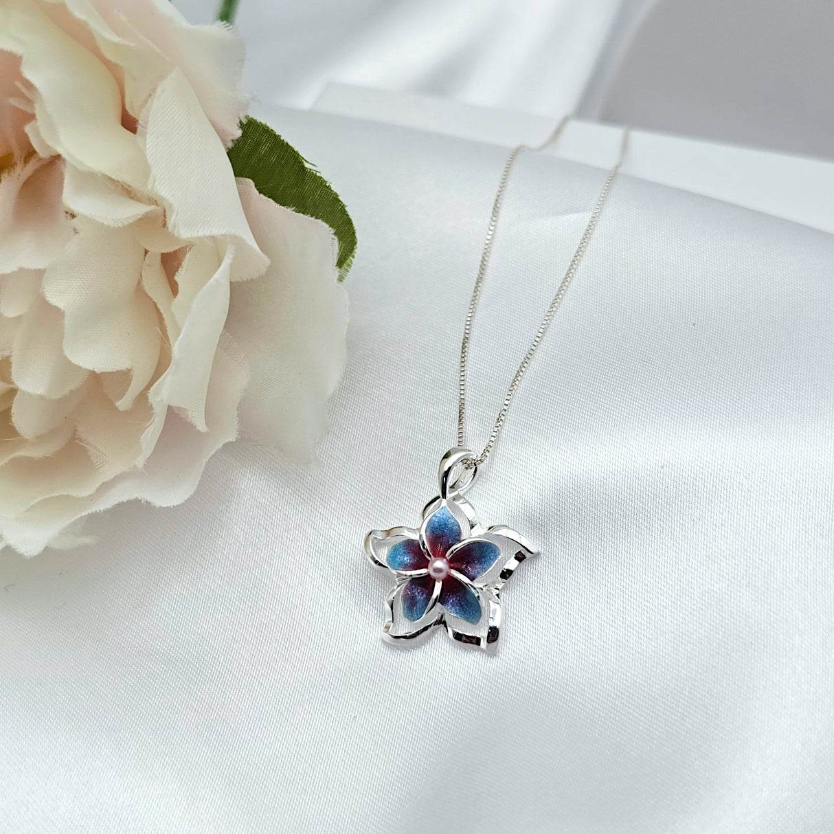 Sterling Silver Blue/Purple Plumeria Necklace