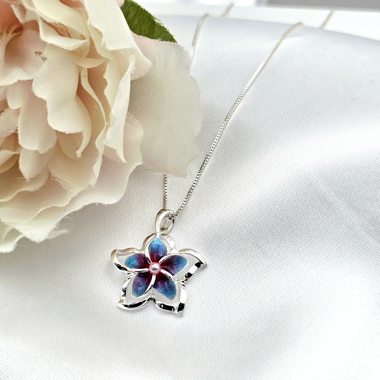 Sterling Silver Blue/Purple Plumeria Necklace