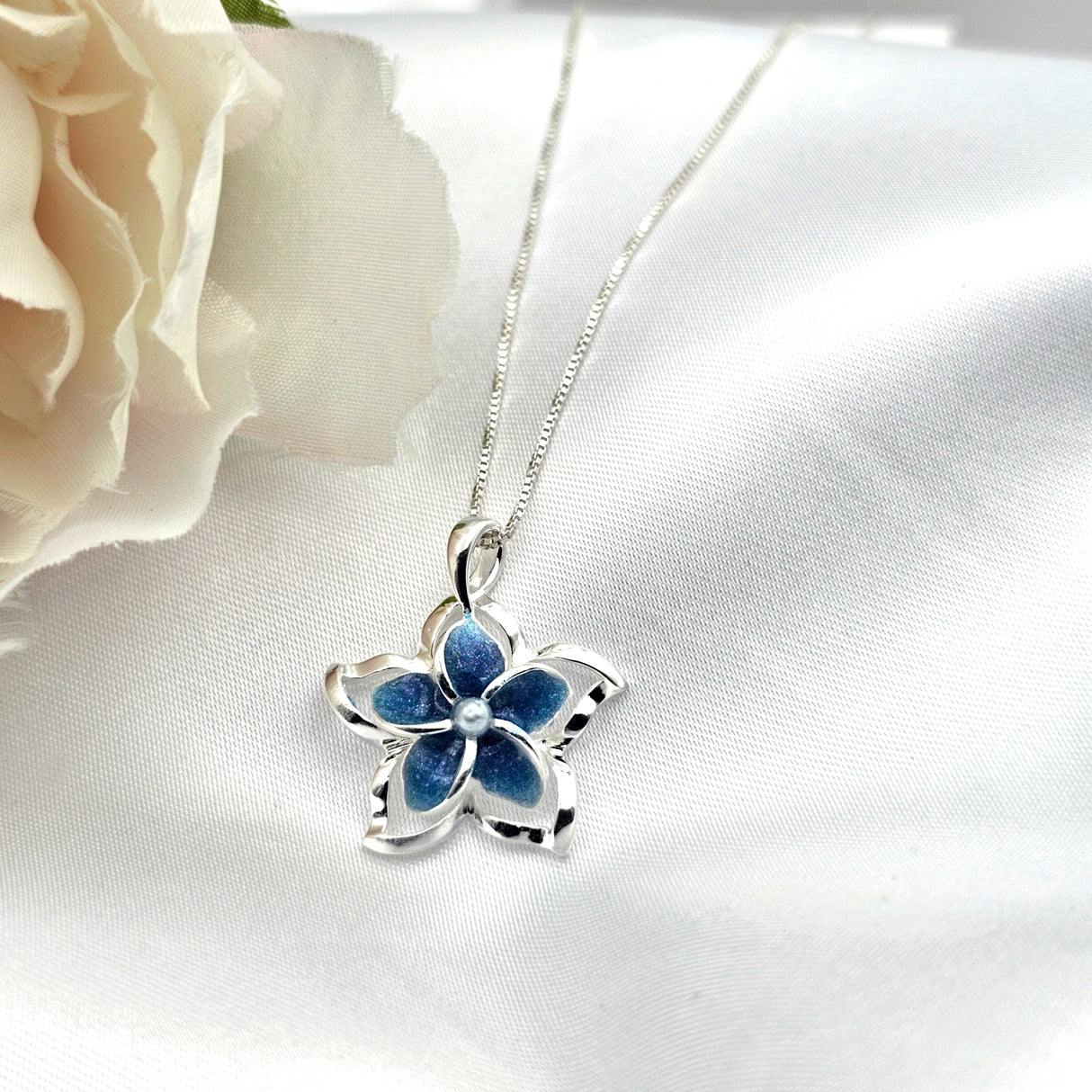 Sterling Silver Blue Plumeria Necklace