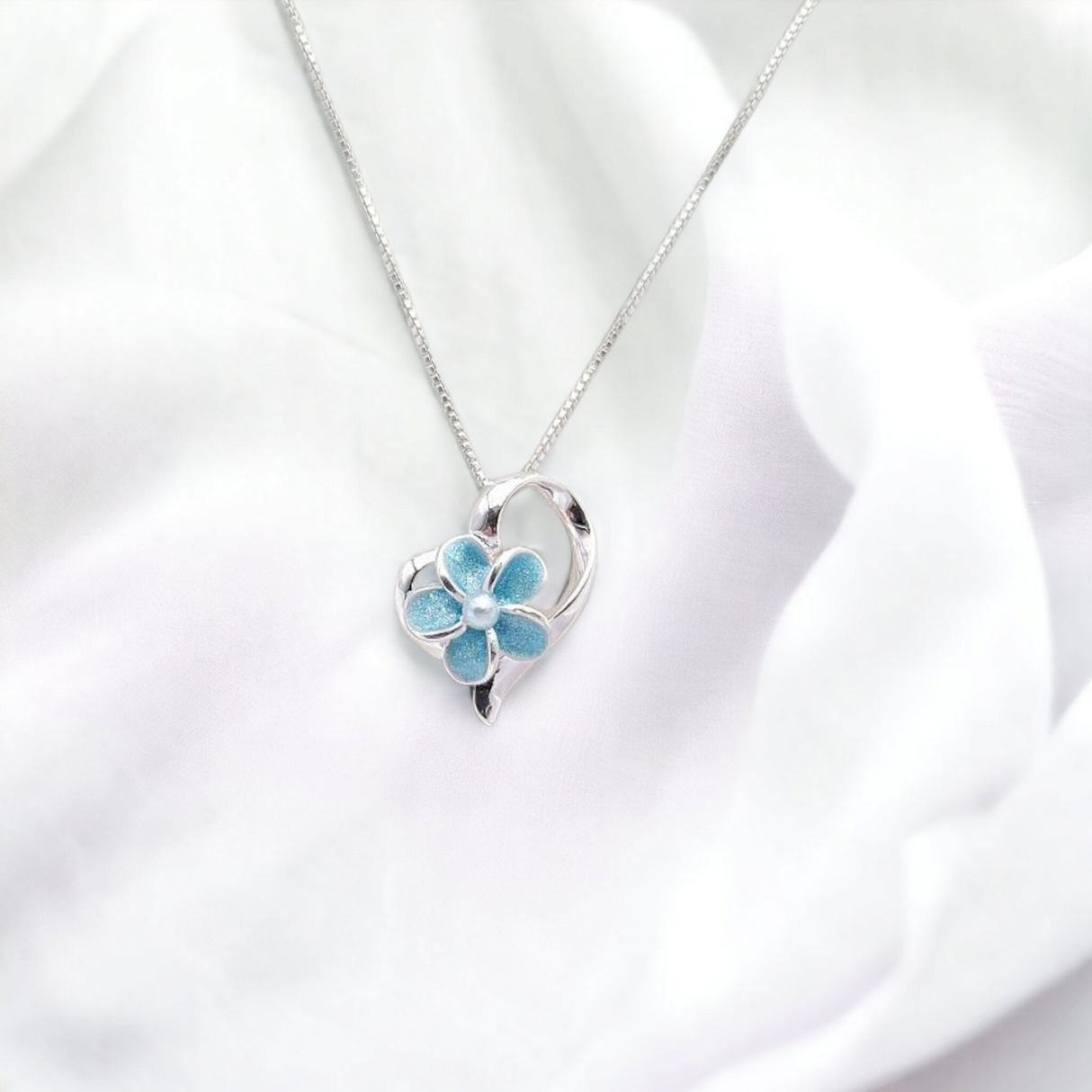 Sterling Silver Plumeria Flower Heart Necklace