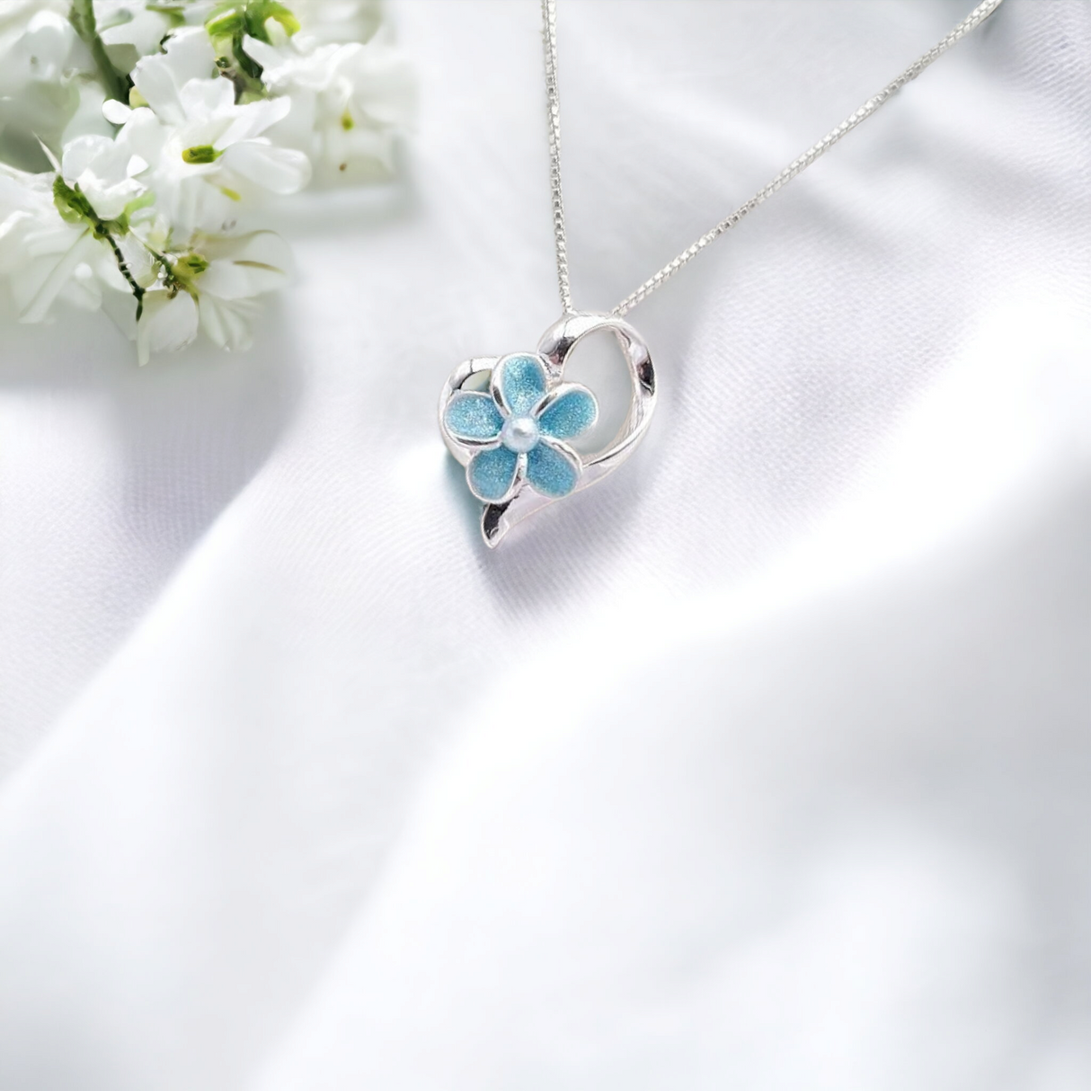 Sterling Silver Plumeria Flower Heart Necklace
