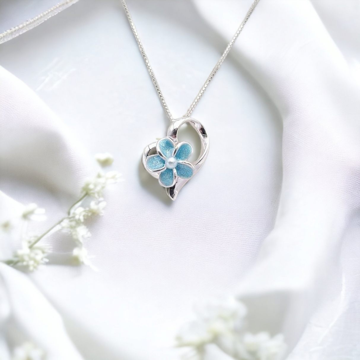 Sterling Silver Plumeria Flower Heart Necklace