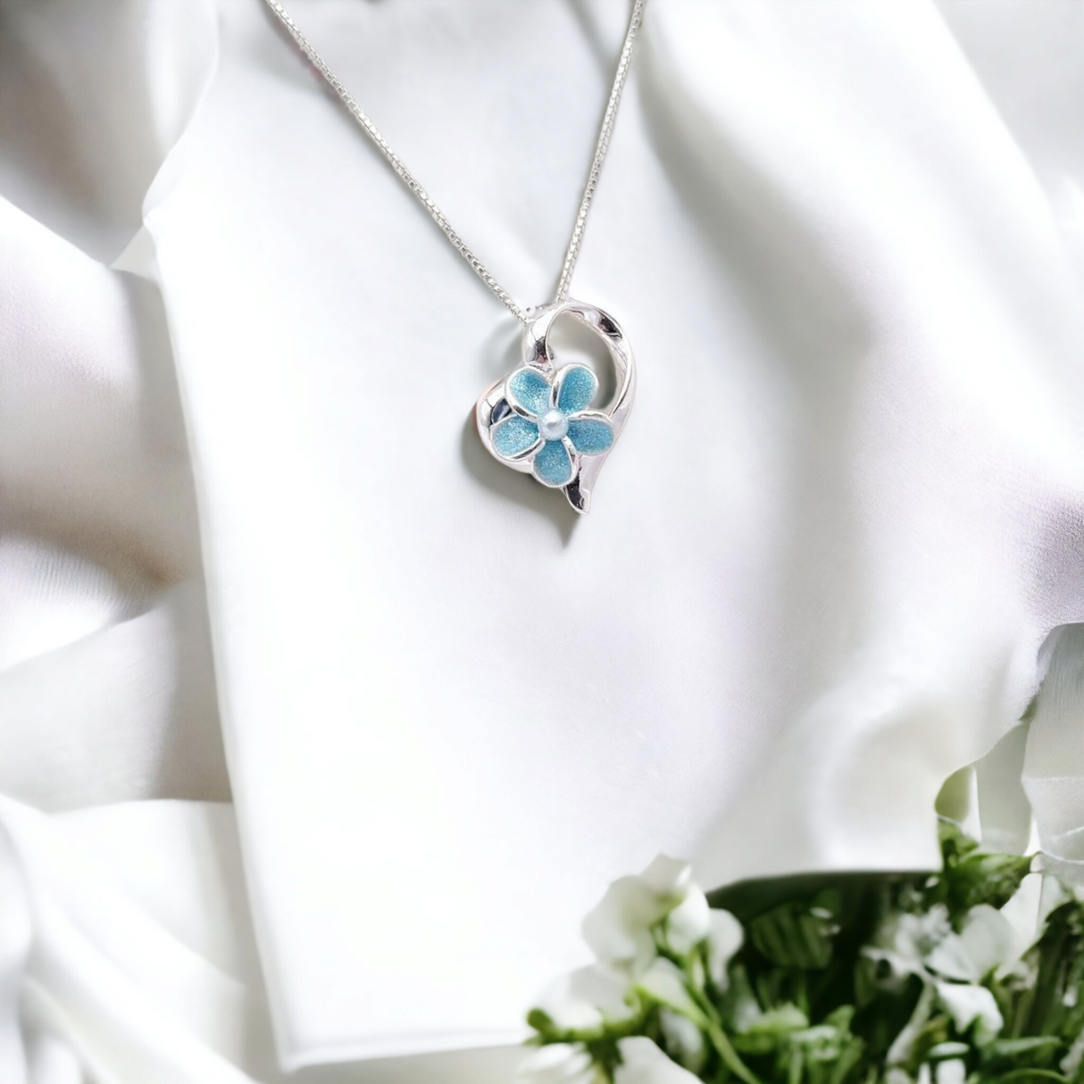 Sterling Silver Plumeria Flower Heart Necklace