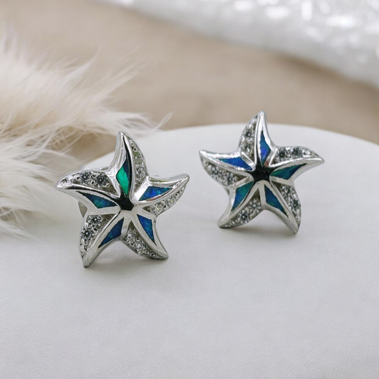 925 sterling silver blue opal starfish earrings