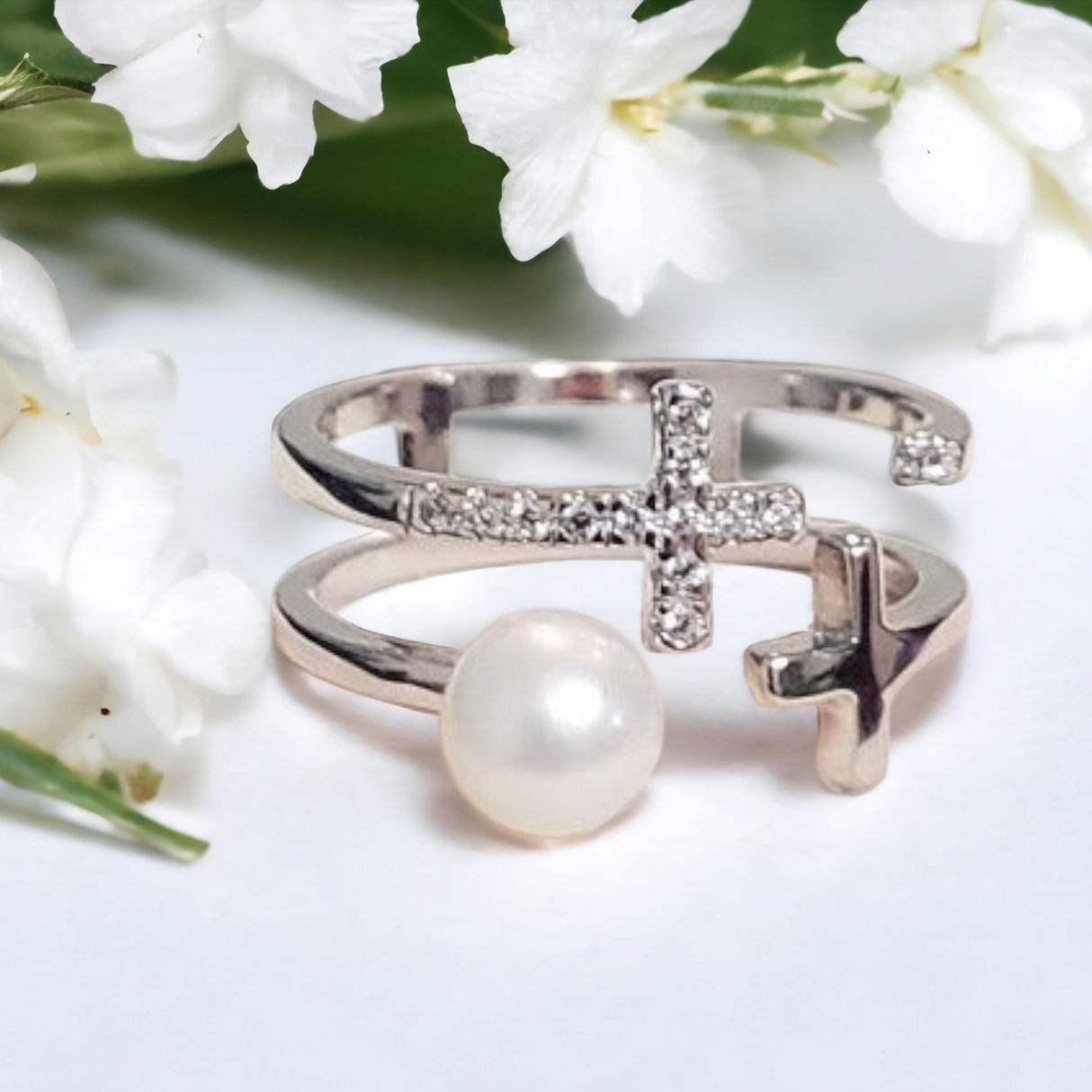 925 sterling silver pearl jewelry, cross ring