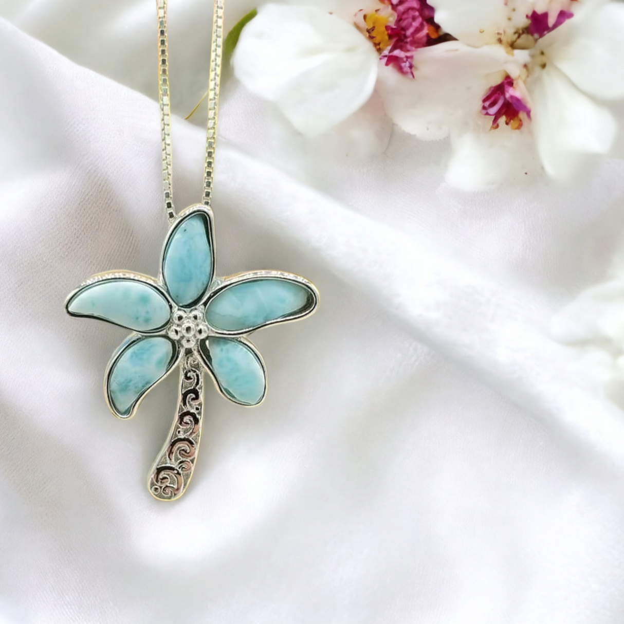925 sterling silver larimar palm tree necklace