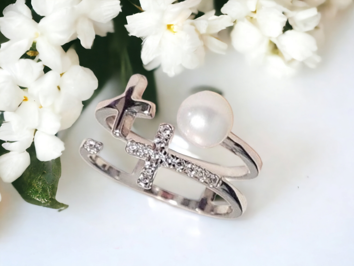 925 sterling silver pearl jewelry, cross ring