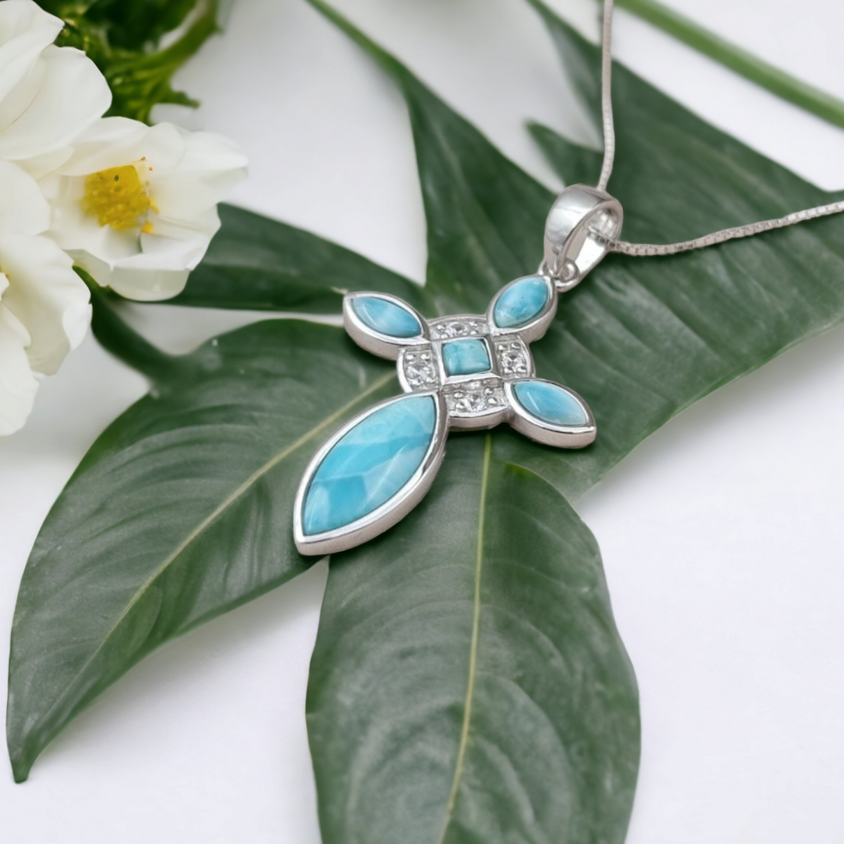 925 sterling silver larimar cross necklace