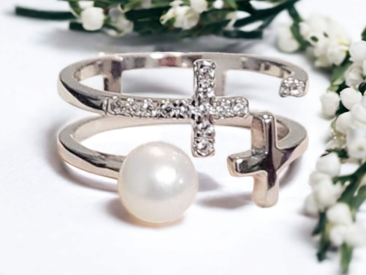 925 sterling silver pearl jewelry, cross ring