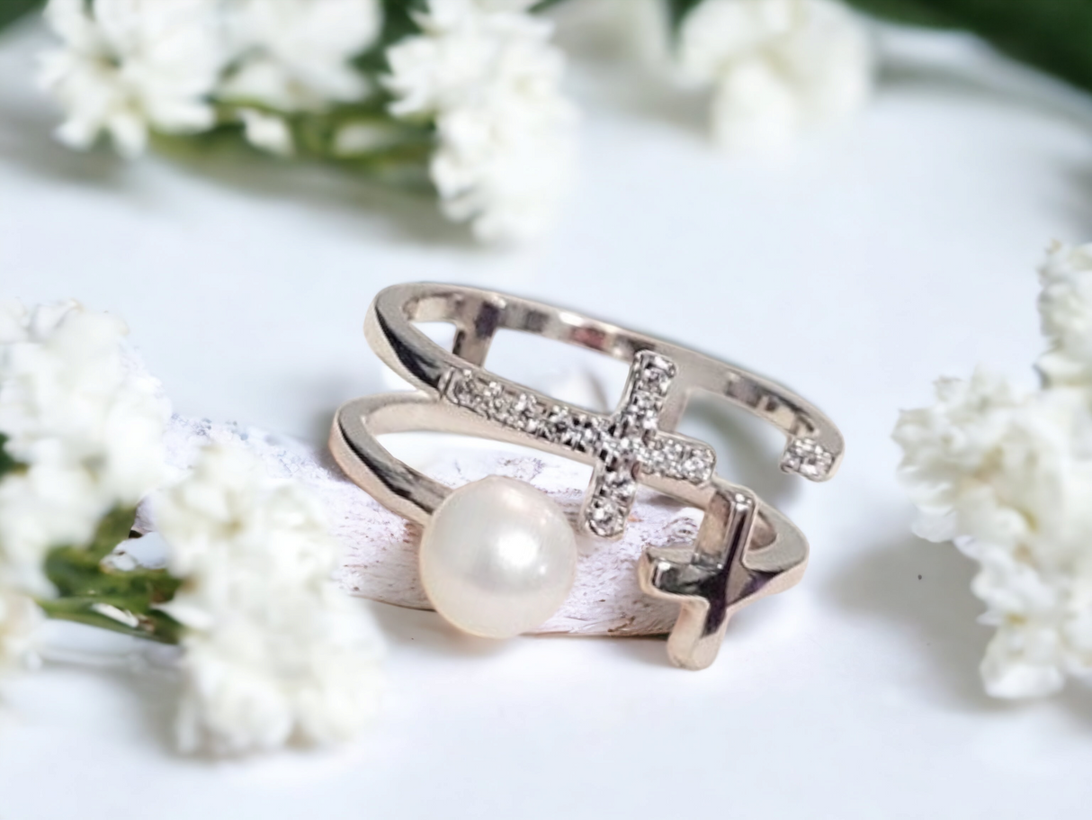 925 sterling silver pearl jewelry, cross ring