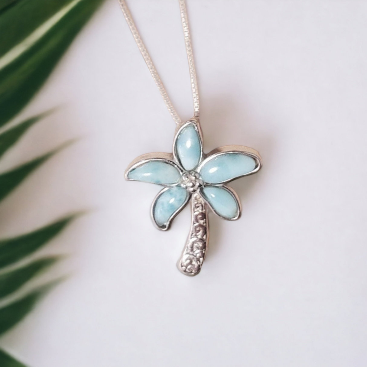 925 sterling silver larimar palm tree necklace