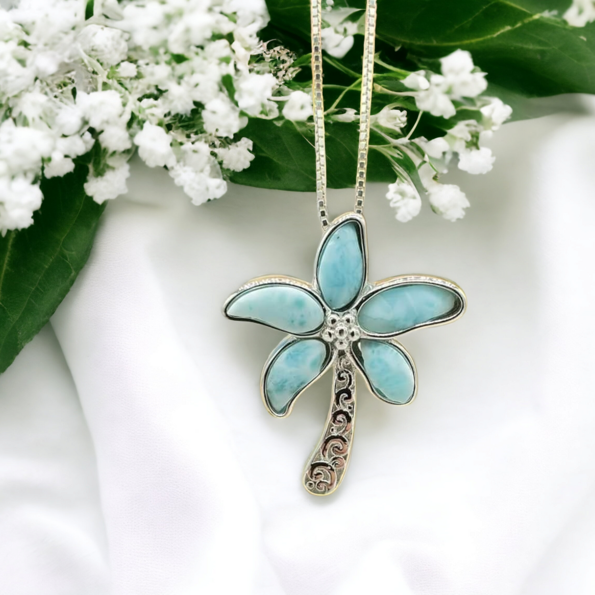 925 sterling silver larimar palm tree necklace