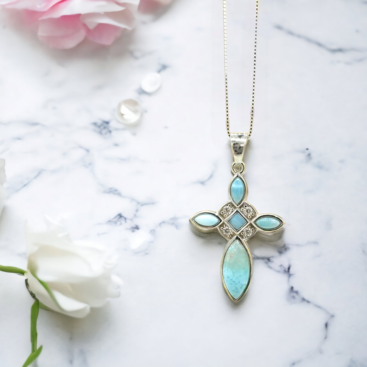 925 sterling silver larimar cross necklace