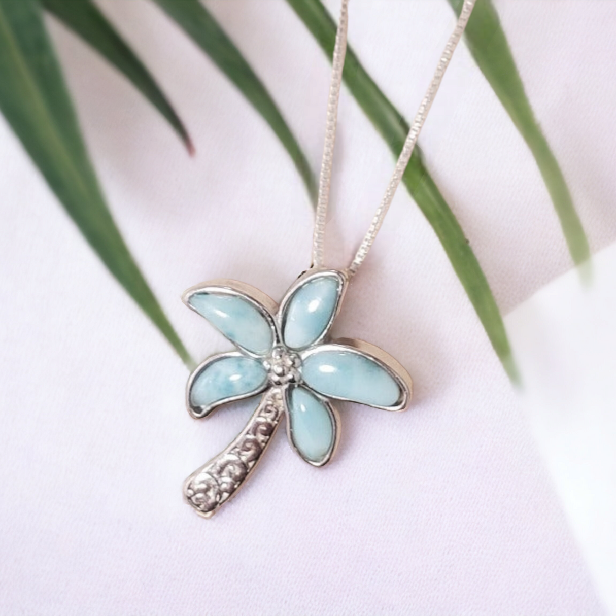 925 sterling silver larimar palm tree necklace