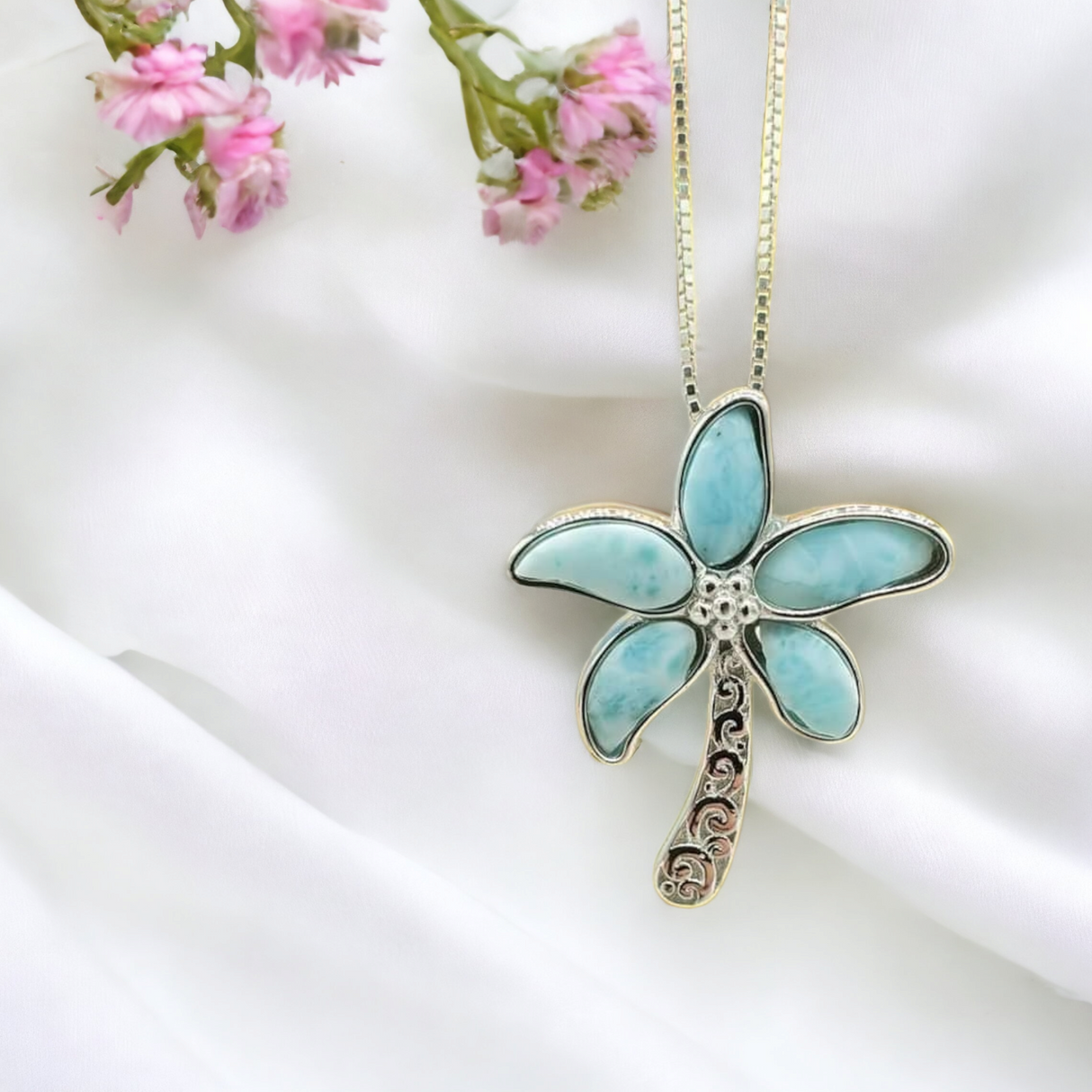 925 sterling silver larimar palm tree necklace