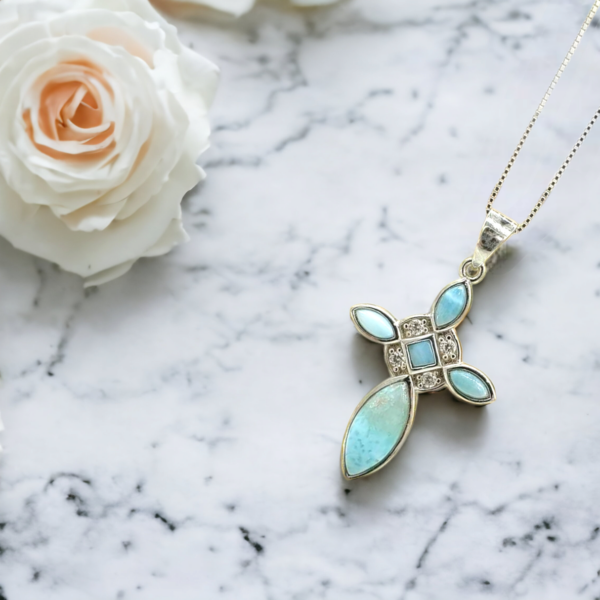 925 sterling silver larimar cross necklace
