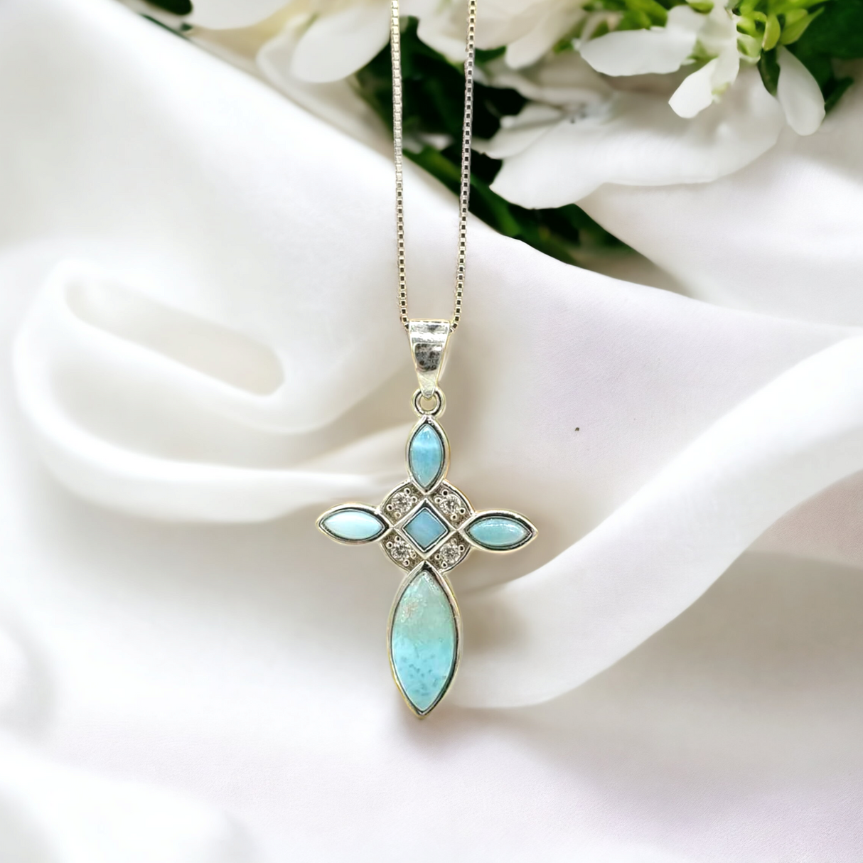 925 sterling silver larimar cross necklace