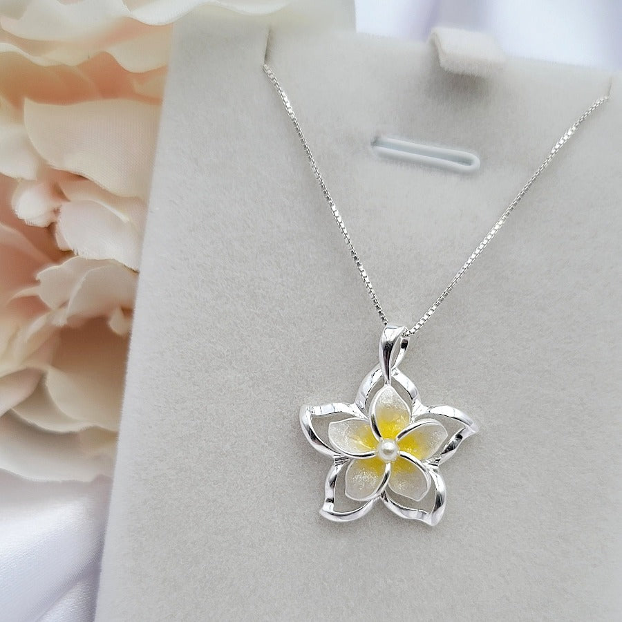 Sterling Silver Plumeria Flower Pearl Necklace