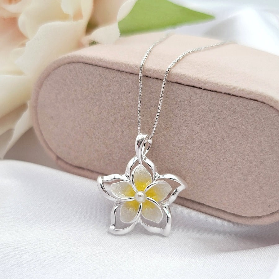 Sterling Silver Plumeria Flower Pearl Necklace