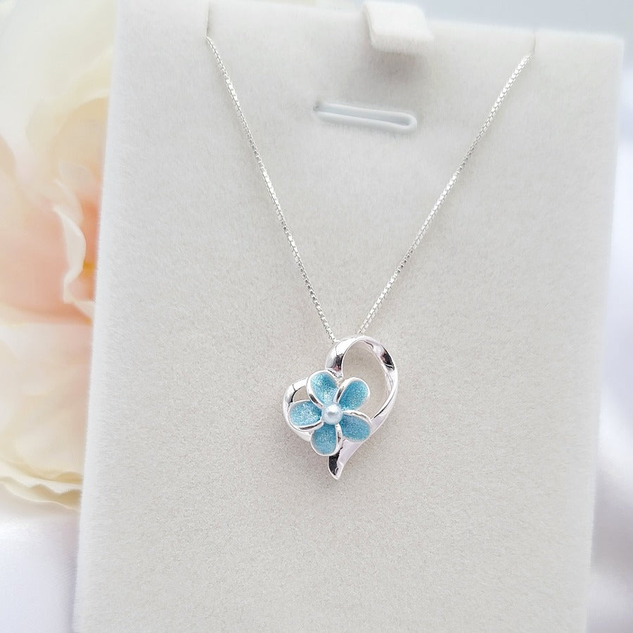 Sterling Silver Plumeria Flower Heart Necklace