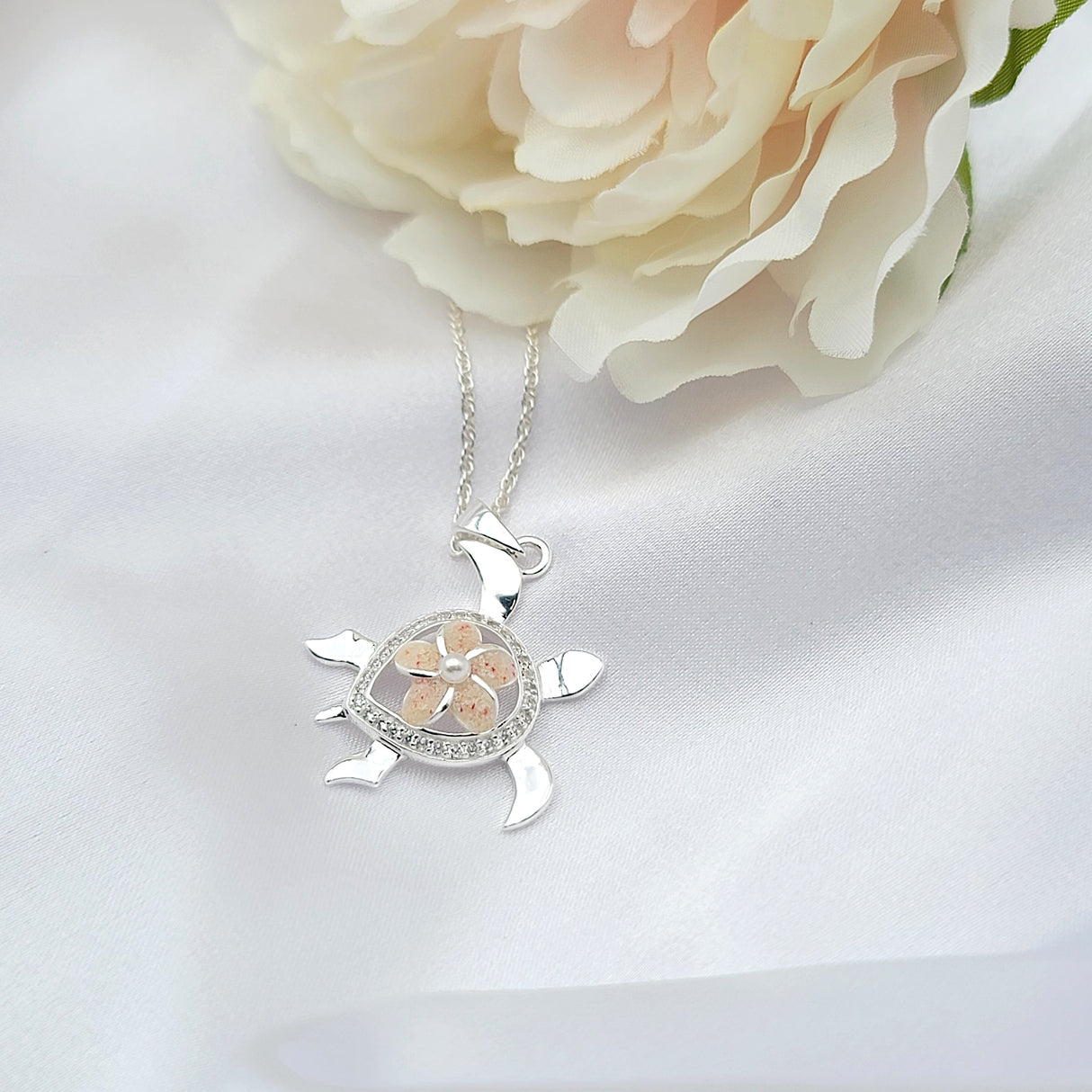 Sterling Silver Sea Turtle Plumeria Pearl Necklace