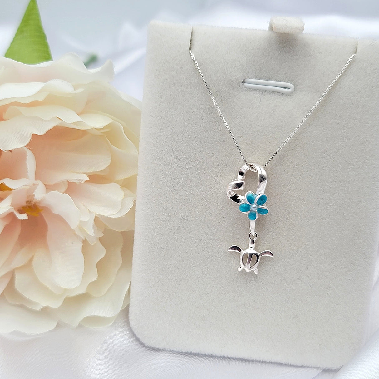 Sterling Silver Sea Turtle Blue Plumeria Necklace