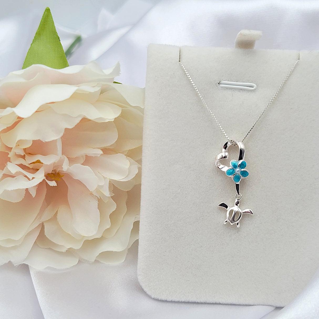 Sterling Silver Sea Turtle Blue Plumeria Necklace
