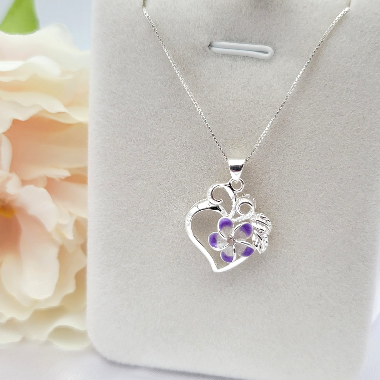 Sterling Silver Purple Plumeria Heart Necklace