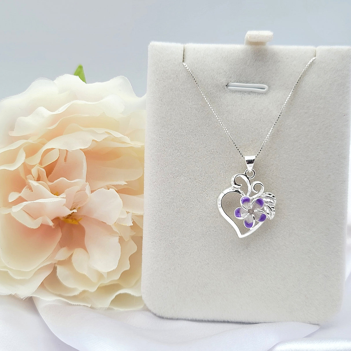 Sterling Silver Purple Plumeria Heart Necklace