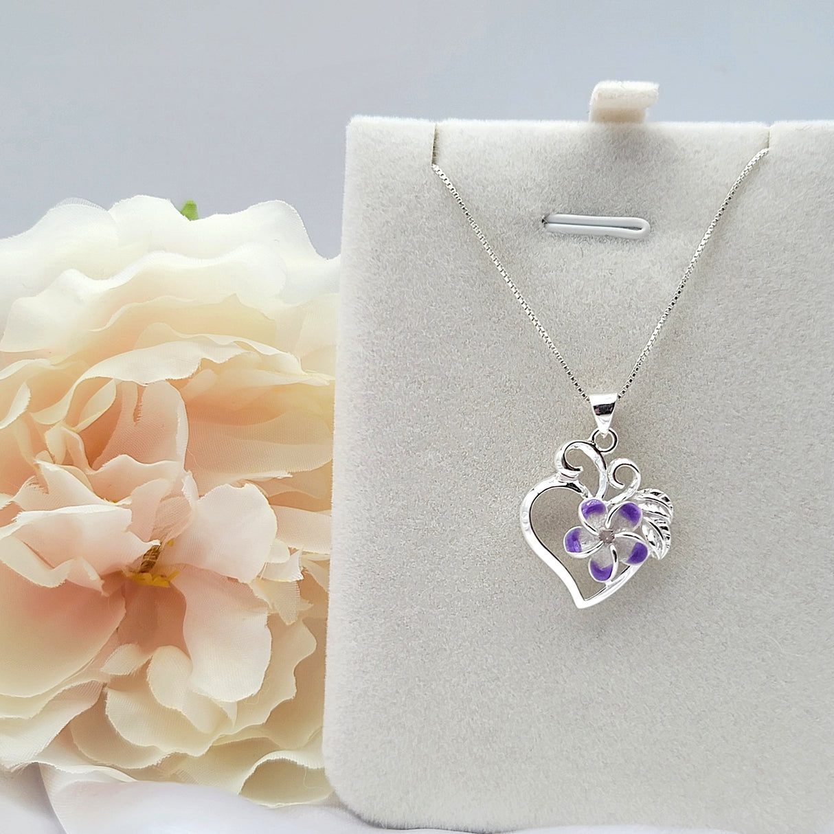 Sterling Silver Purple Plumeria Heart Necklace