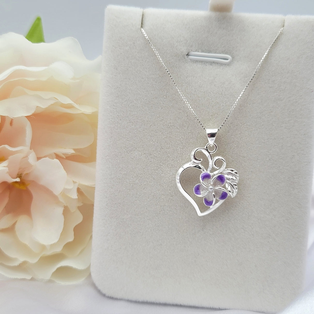 Sterling Silver Purple Plumeria Pearl Heart Necklace