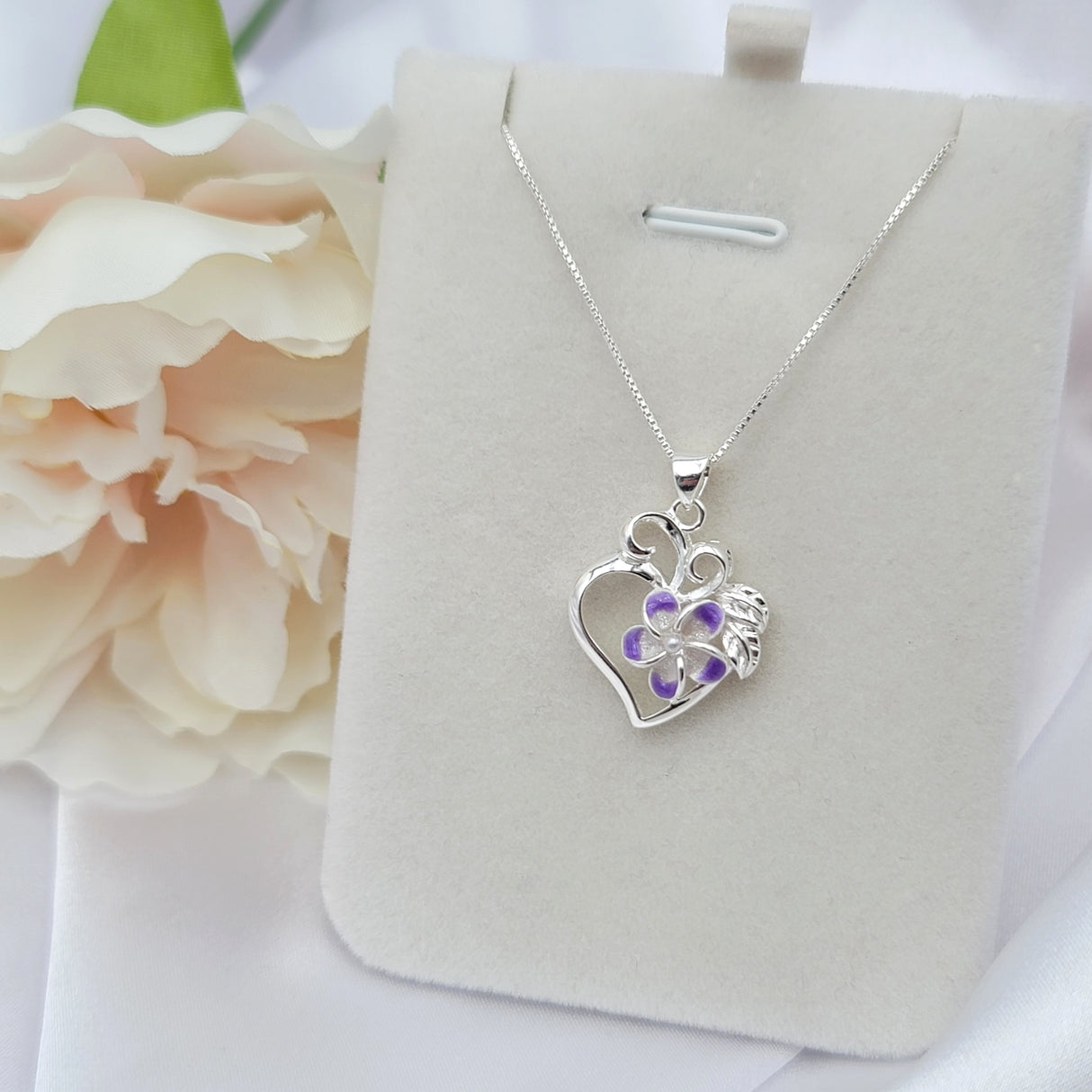 Sterling Silver Purple Plumeria Pearl Heart Necklace