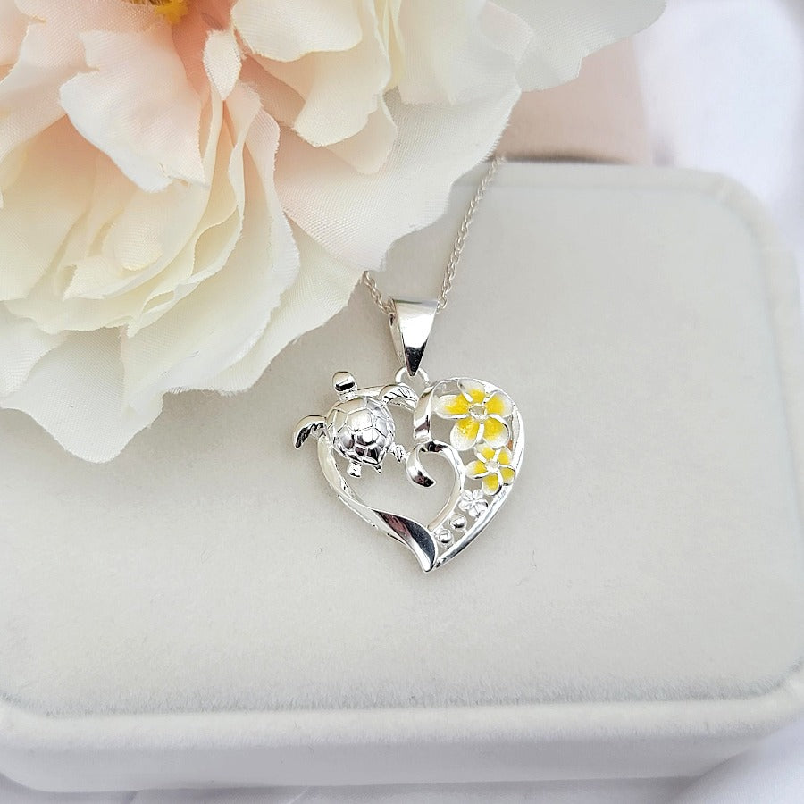 Sterling Silver Sea Turtle Yellow Plumeria Necklace