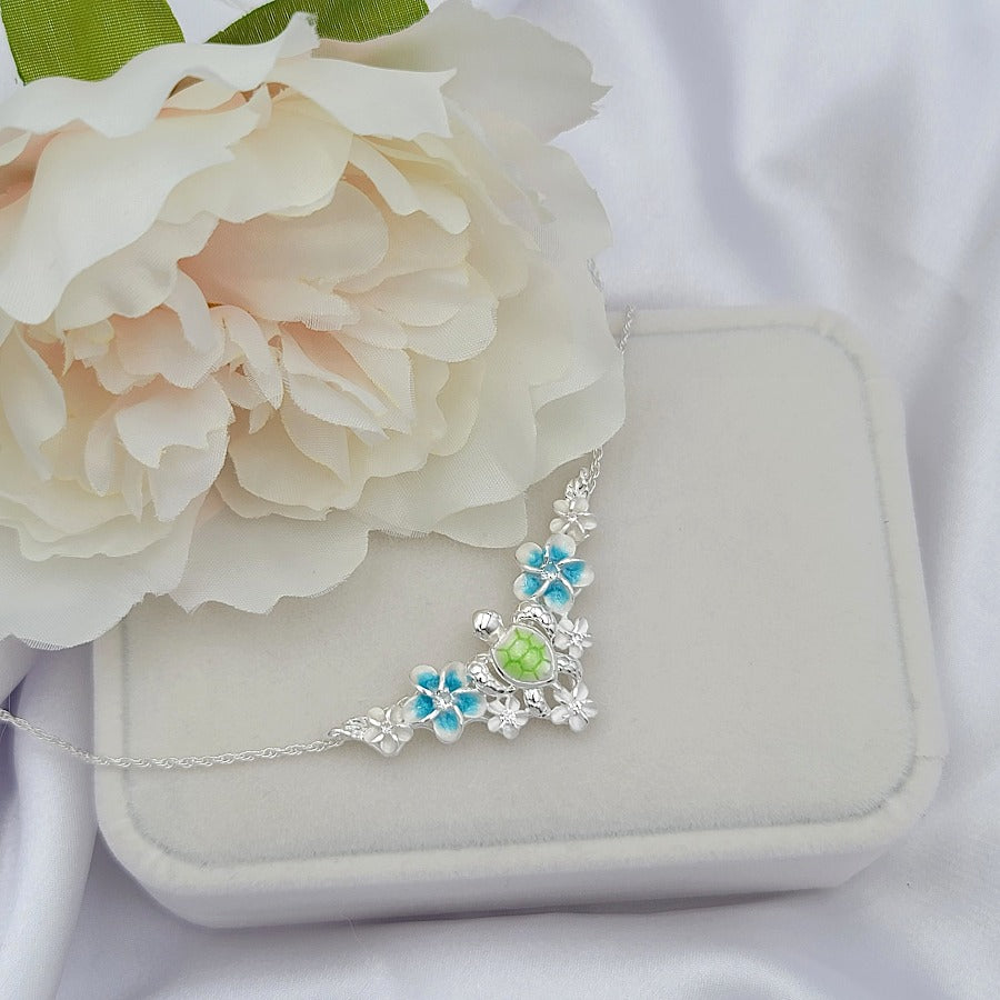 Sterling Silver Plumeria Sea Turtle Necklace