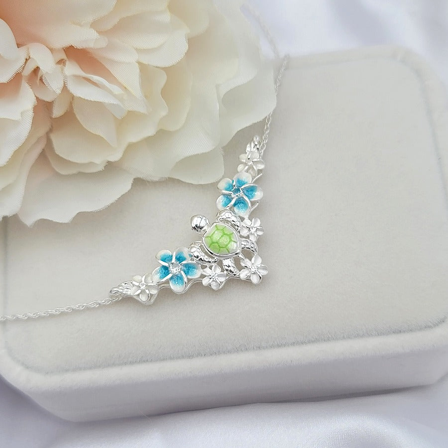 Sterling Silver Plumeria Sea Turtle Necklace