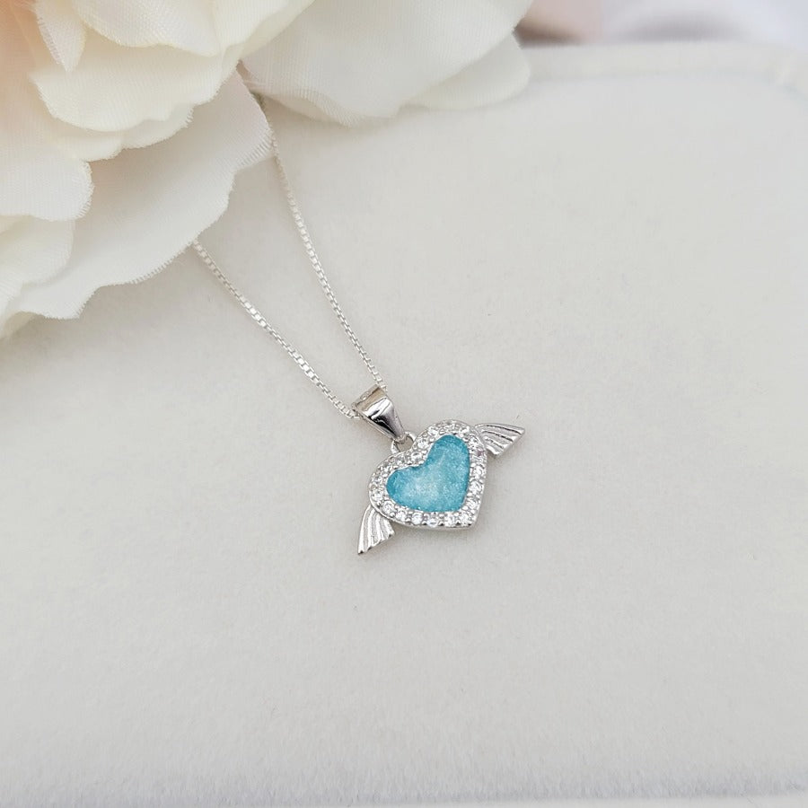 925 Sterling Silver Light Blue Angel Wings Necklace, Heart Pendant