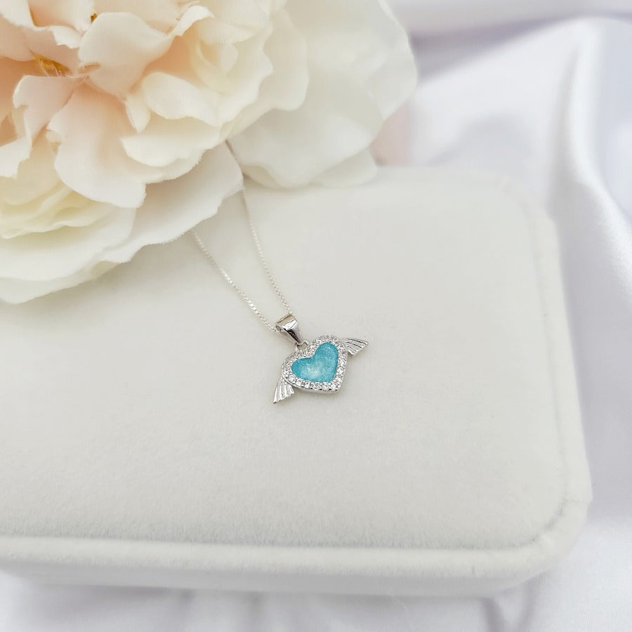 925 Sterling Silver Light Blue Angel Wings Necklace, Heart Pendant