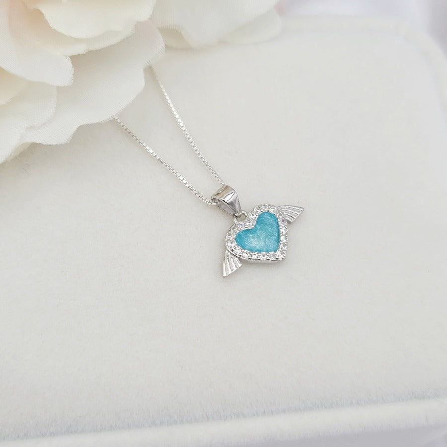925 Sterling Silver Light Blue Angel Wings Necklace, Heart Pendant