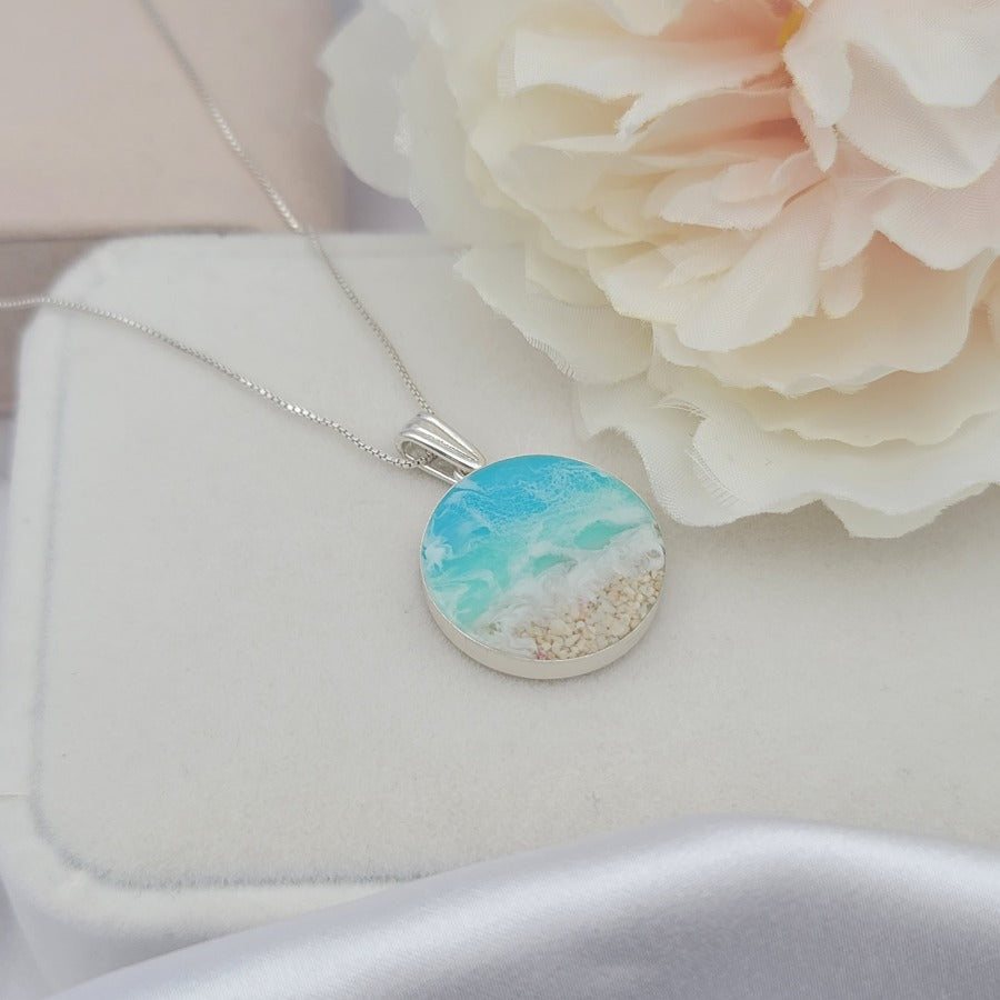 925 Sterling Silver Beach Necklace, Ocean Resin Pendant