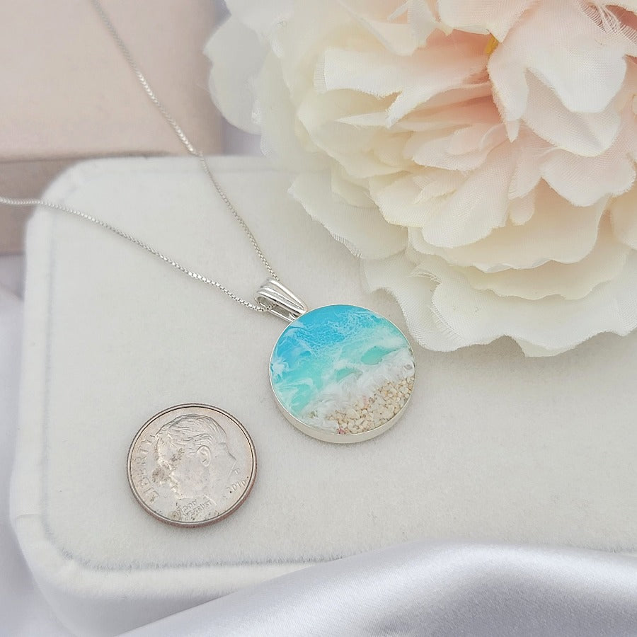 925 Sterling Silver Beach Necklace, Ocean Resin Pendant