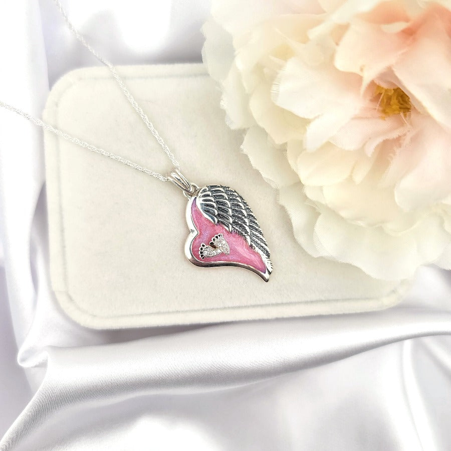 925 Sterling Silver Footprints Angel Wing Heart Necklace